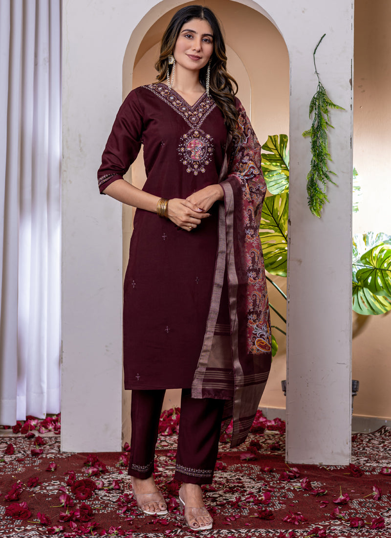 Prazu Fashion Wine Viscose Silk Thread Embroidered Designer Kurta Set