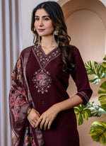 Thumbnail for Prazu Fashion Wine Viscose Silk Thread Embroidered Designer Kurta Set