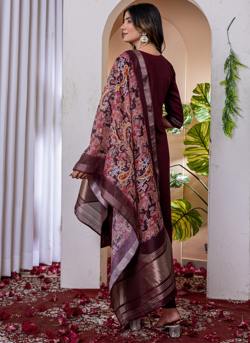 Prazu Fashion Wine Viscose Silk Thread Embroidered Designer Kurta Set