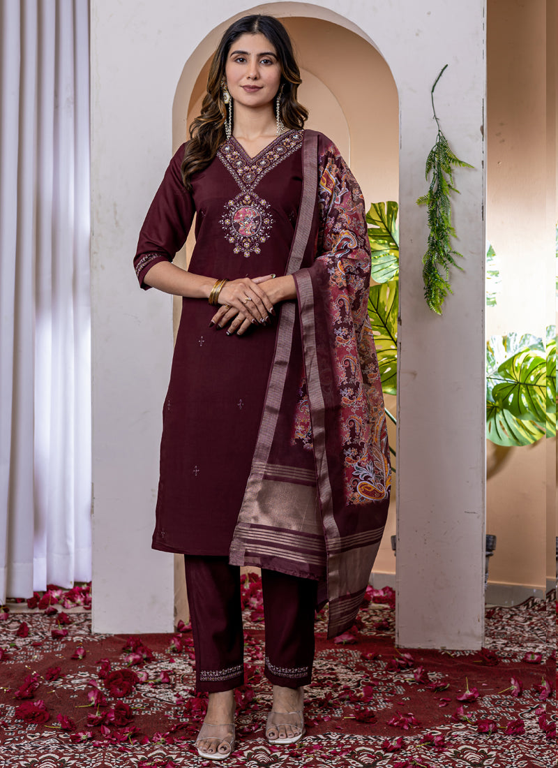 Prazu Fashion Wine Viscose Silk Thread Embroidered Designer Kurta Set - Distacart