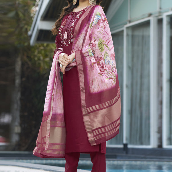 Prazu Fashion Maroon Viscose Silk Thread Embroidered Designer Kurta Set - Distacart