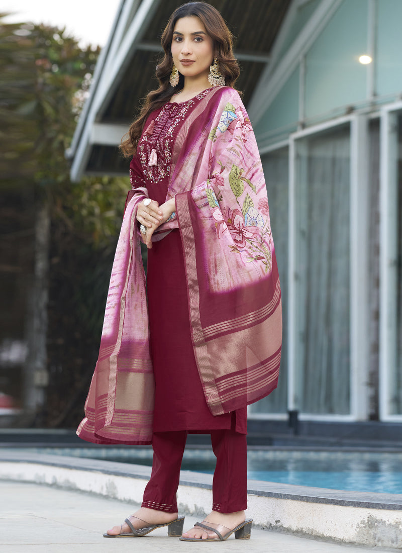 Prazu Fashion Maroon Viscose Silk Thread Embroidered Designer Kurta Set