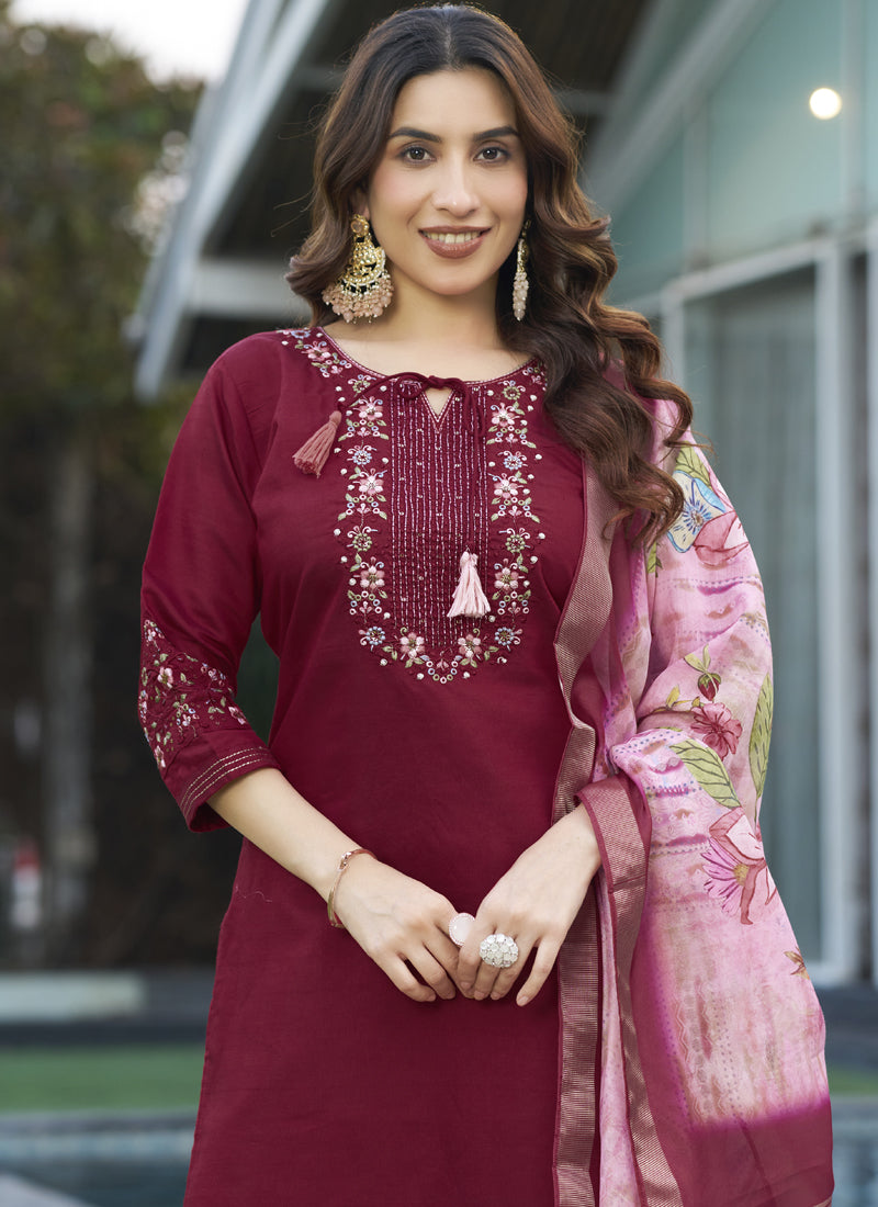 Prazu Fashion Maroon Viscose Silk Thread Embroidered Designer Kurta Set