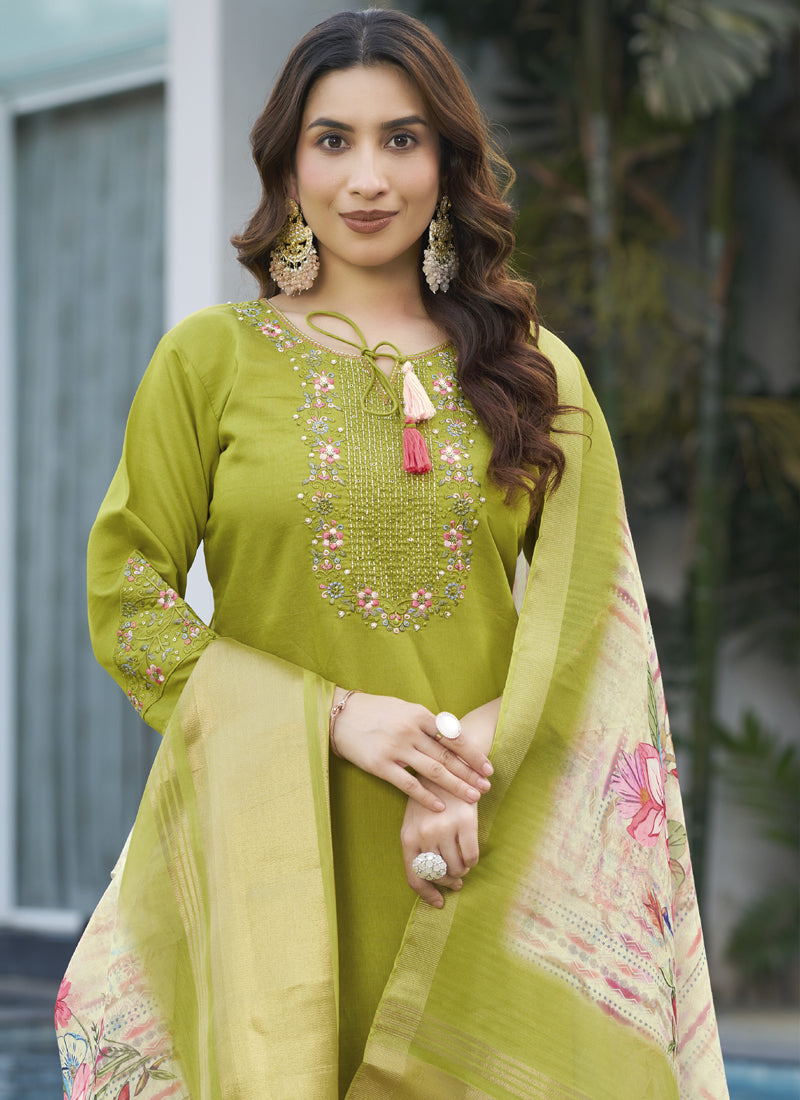 Prazu Fashion Parrot Green Viscose Silk Thread Embroidered Designer Kurta Set