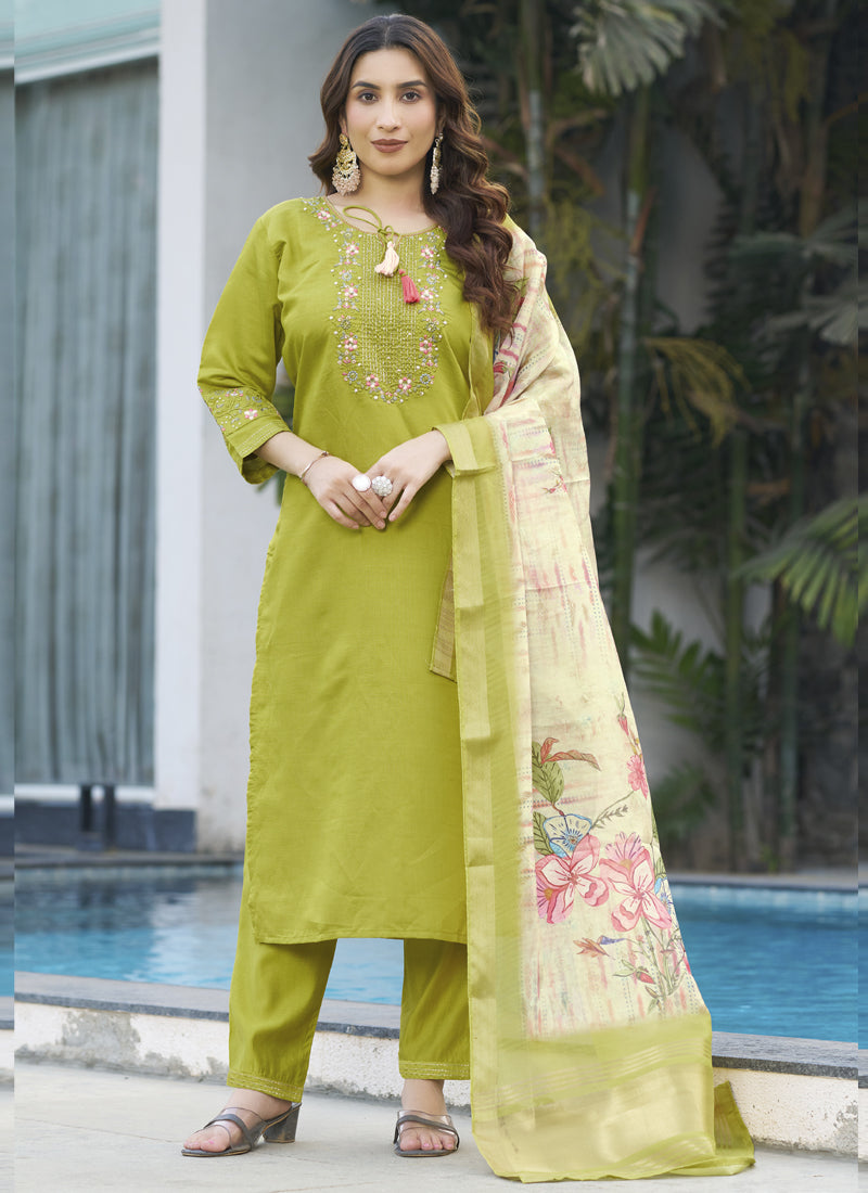Prazu Fashion Parrot Green Viscose Silk Thread Embroidered Designer Kurta Set