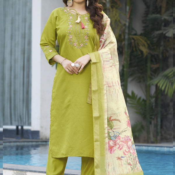 Prazu Fashion Parrot Green Viscose Silk Thread Embroidered Designer Kurta Set - Distacart