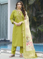 Thumbnail for Prazu Fashion Parrot Green Viscose Silk Thread Embroidered Designer Kurta Set