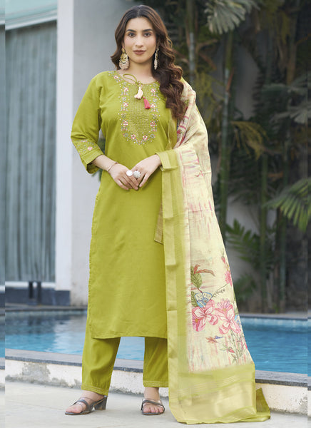 Prazu Fashion Parrot Green Viscose Silk Thread Embroidered Designer Kurta Set