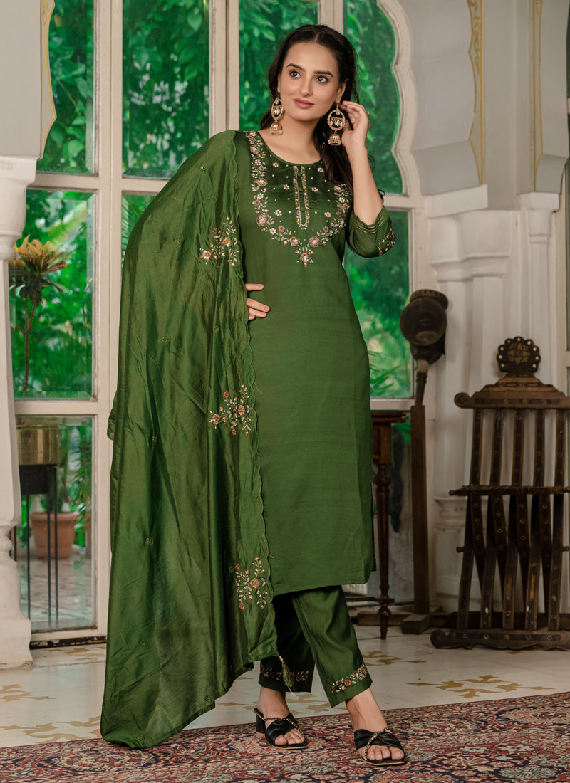 Prazu Fashion Mehendi Marina Silk Thread Embroidered Designer Kurta Set