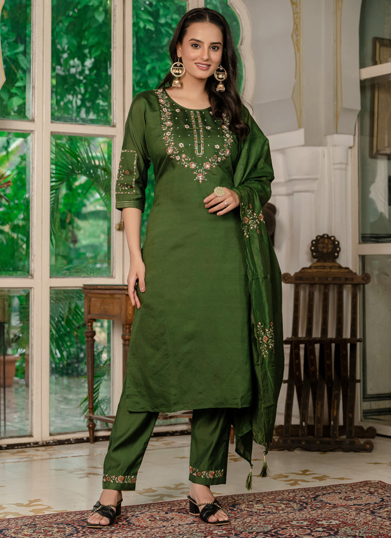 Prazu Fashion Mehendi Marina Silk Thread Embroidered Designer Kurta Set