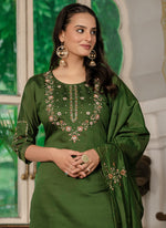 Thumbnail for Prazu Fashion Mehendi Marina Silk Thread Embroidered Designer Kurta Set