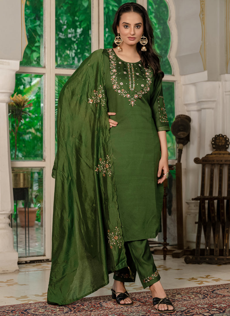 Prazu Fashion Mehendi Marina Silk Thread Embroidered Designer Kurta Set