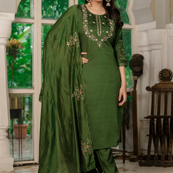 Prazu Fashion Mehendi Marina Silk Thread Embroidered Designer Kurta Set - Distacart
