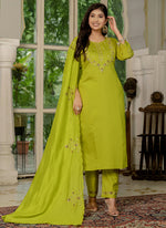 Thumbnail for Prazu Fashion Parrot Green Marina Silk Thread Embroidered Designer Kurta Set