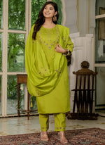 Thumbnail for Prazu Fashion Parrot Green Marina Silk Thread Embroidered Designer Kurta Set