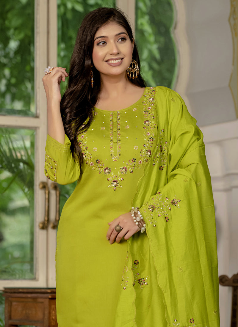 Prazu Fashion Parrot Green Marina Silk Thread Embroidered Designer Kurta Set