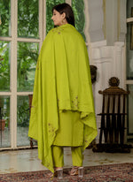 Thumbnail for Prazu Fashion Parrot Green Marina Silk Thread Embroidered Designer Kurta Set