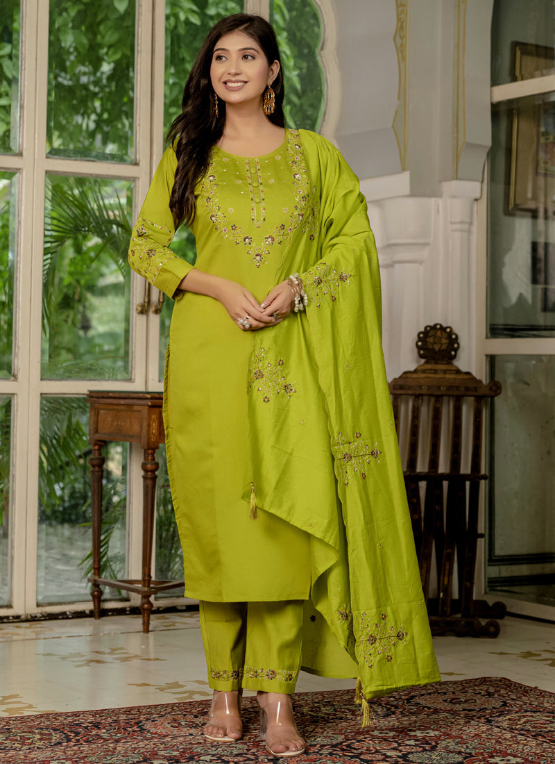 Prazu Fashion Parrot Green Marina Silk Thread Embroidered Designer Kurta Set