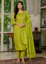 Thumbnail for Prazu Fashion Parrot Green Marina Silk Thread Embroidered Designer Kurta Set
