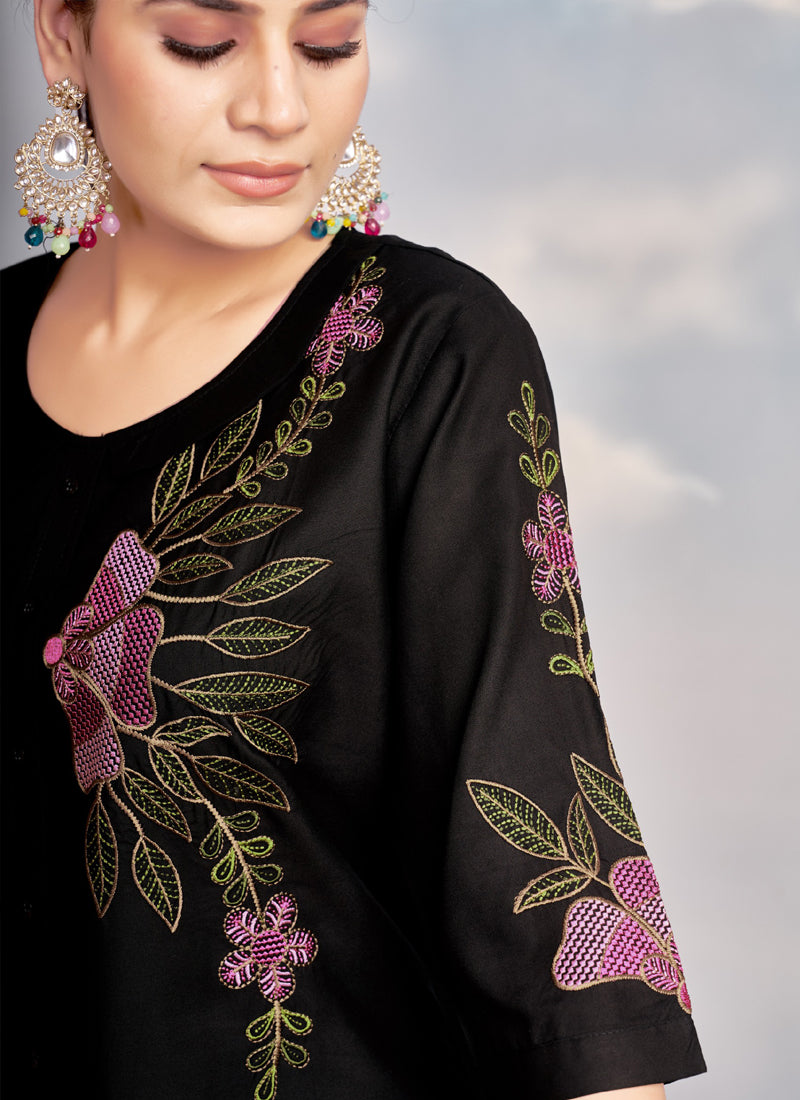 Prazu Fashion Black Rayon Multi Embroidery Thread Work Co-Ords Set