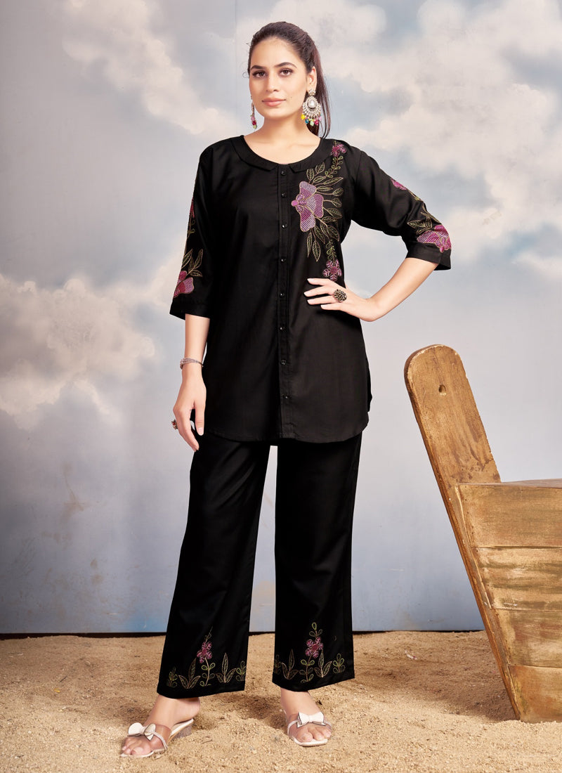 Prazu Fashion Black Rayon Multi Embroidery Thread Work Co-Ords Set