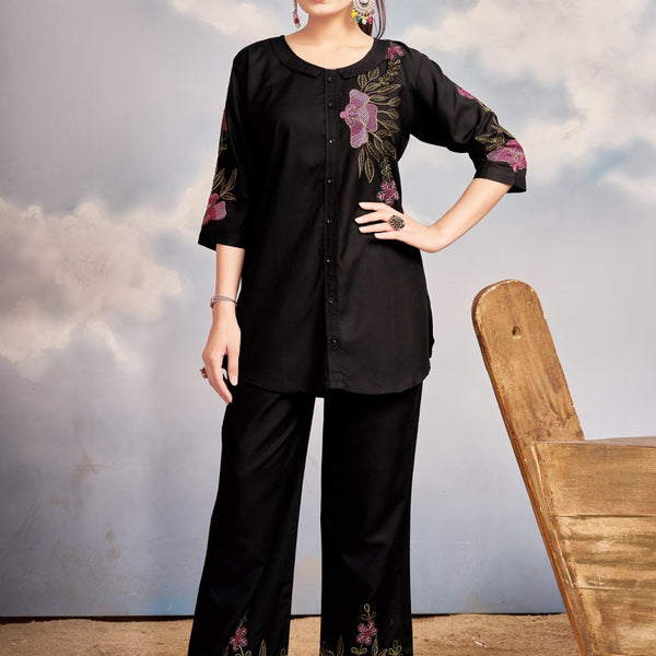 Prazu Fashion Black Rayon Multi Embroidery Thread Work Co-Ords Set