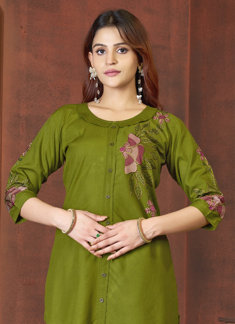 Prazu Fashion Mahendi Rayon Multi Embroidery Thread Work Co-Ords Set