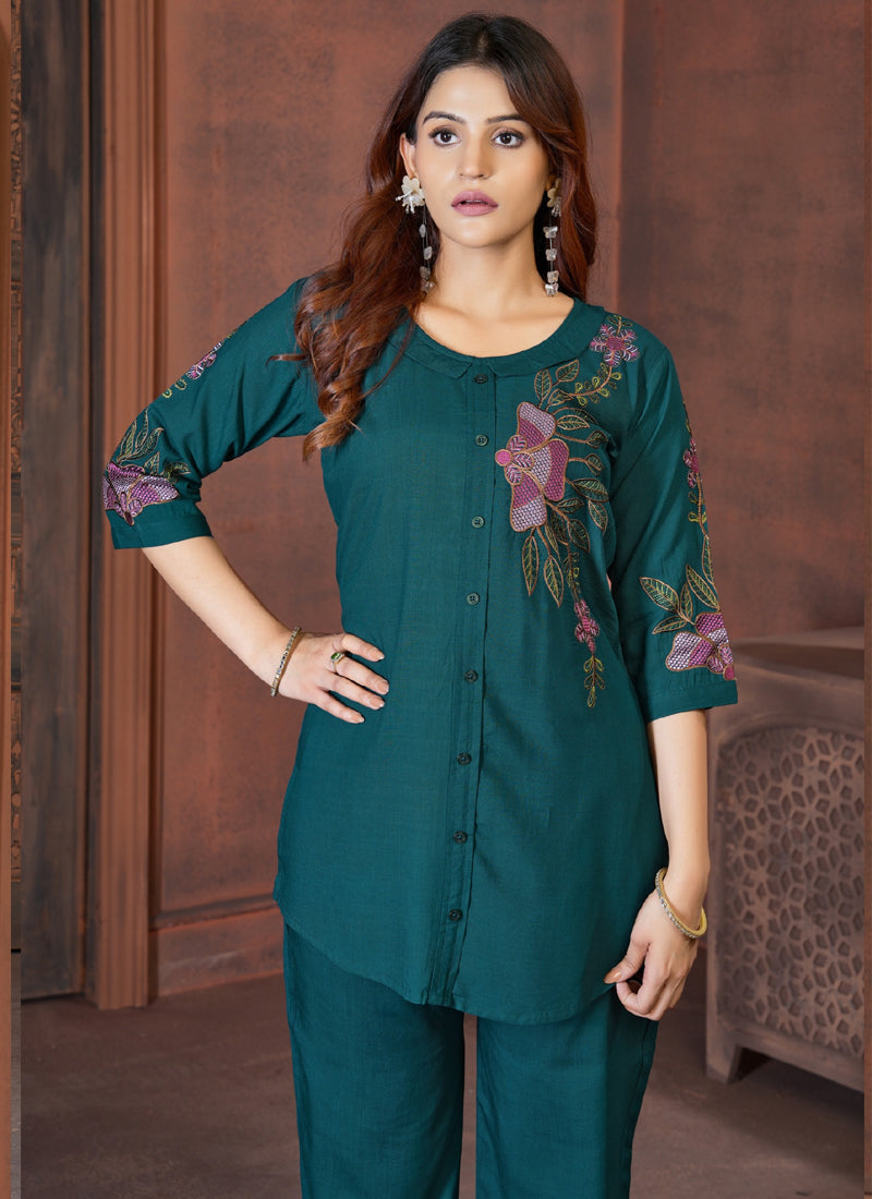 Prazu Fashion Rama Rayon Multi Embroidery Thread Work Co-Ords Set