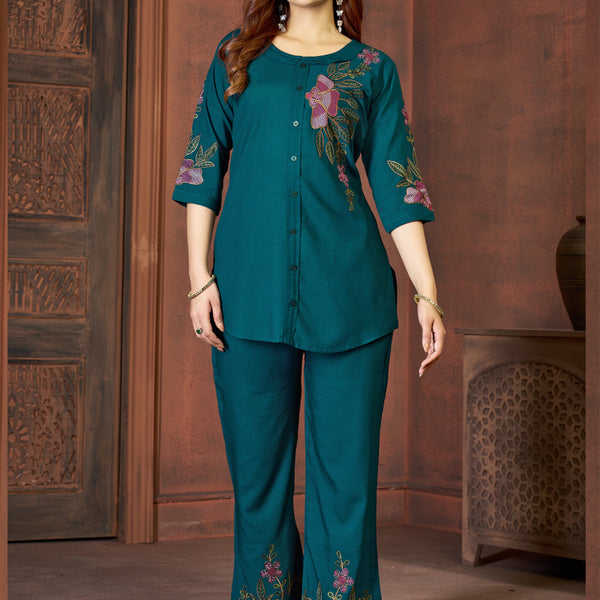 Prazu Fashion Rama Rayon Multi Embroidery Thread Work Co-Ords Set