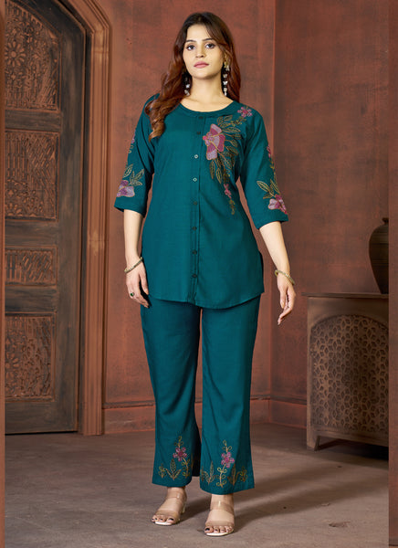 Prazu Fashion Rama Rayon Multi Embroidery Thread Work Co-Ords Set