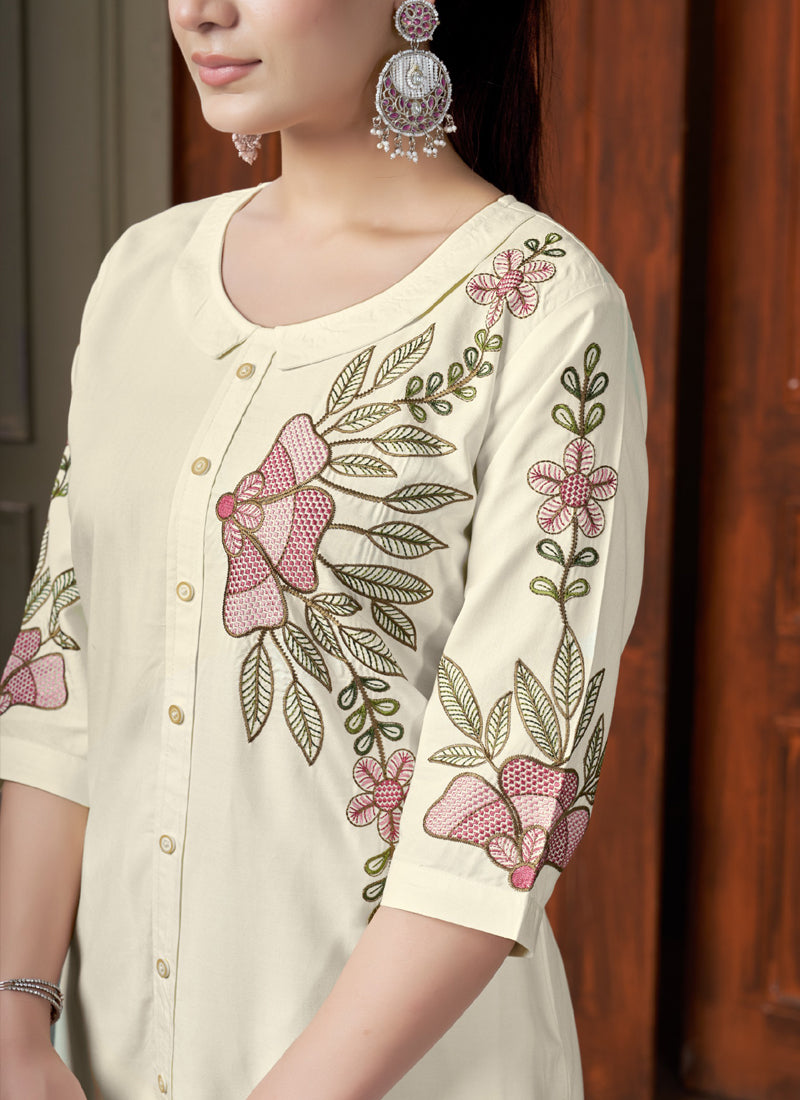 Prazu Fashion Off White Rayon Multi Embroidery Thread Work Co-Ords Set