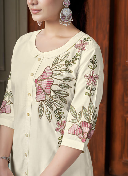 Prazu Fashion Off White Rayon Multi Embroidery Thread Work Co-Ords Set - Distacart