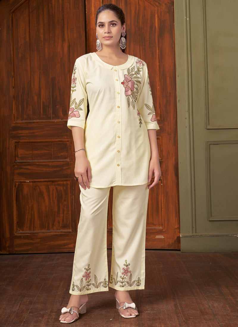 Prazu Fashion Off White Rayon Multi Embroidery Thread Work Co-Ords Set