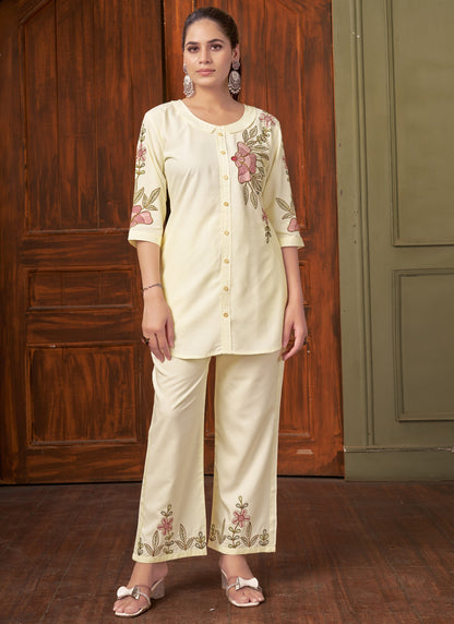 Prazu Fashion Off White Rayon Multi Embroidery Thread Work Co-Ords Set - Distacart