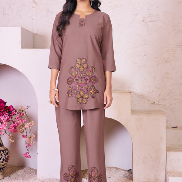 Prazu Fashion Onion Pink Rayon Multi Embroidery Thread Work Co-Ords Set