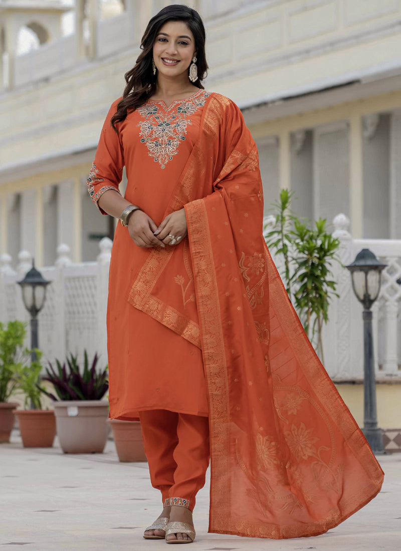 Prazu Fashion Orange Roman Silk Embroidered Sequence Designer Kurta Set