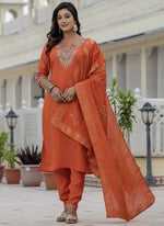 Thumbnail for Prazu Fashion Orange Roman Silk Embroidered Sequence Designer Kurta Set