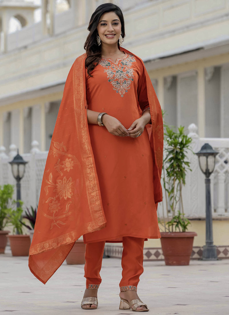 Prazu Fashion Orange Roman Silk Embroidered Sequence Designer Kurta Set