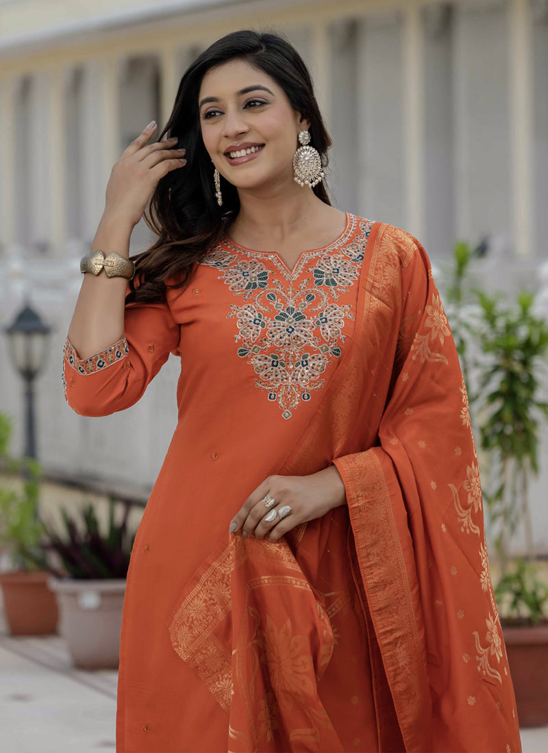 Prazu Fashion Orange Roman Silk Embroidered Sequence Designer Kurta Set