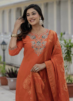 Thumbnail for Prazu Fashion Orange Roman Silk Embroidered Sequence Designer Kurta Set