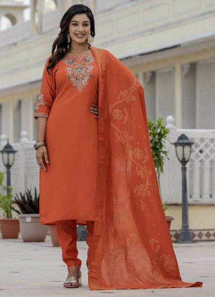 Prazu Fashion Orange Roman Silk Embroidered Sequence Designer Kurta Set