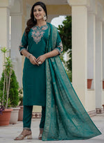 Thumbnail for Prazu Fashion Rama Green Roman Silk Embroidered Sequence Designer Kurta Set