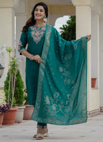 Thumbnail for Prazu Fashion Rama Green Roman Silk Embroidered Sequence Designer Kurta Set