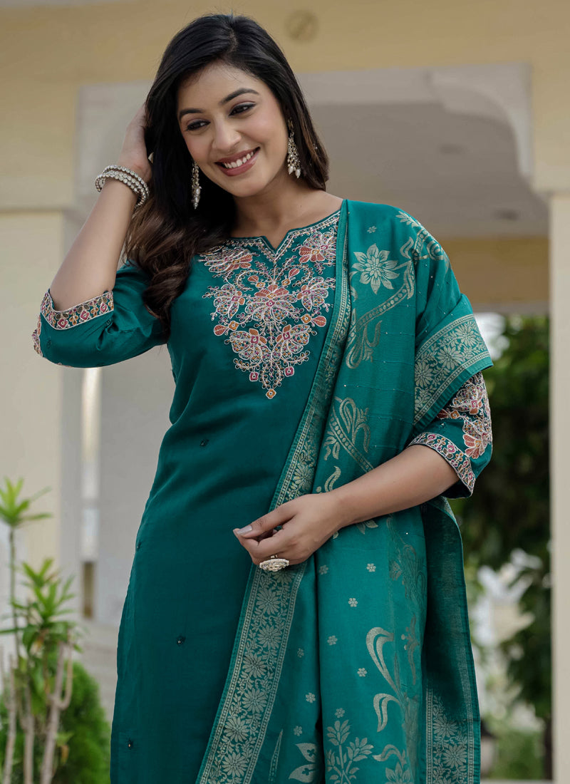 Prazu Fashion Rama Green Roman Silk Embroidered Sequence Designer Kurta Set