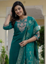 Thumbnail for Prazu Fashion Rama Green Roman Silk Embroidered Sequence Designer Kurta Set