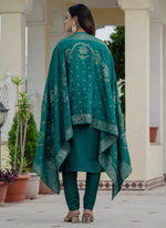 Thumbnail for Prazu Fashion Rama Green Roman Silk Embroidered Sequence Designer Kurta Set