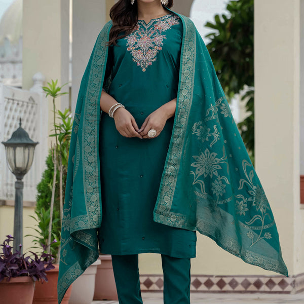 Prazu Fashion Rama Green Roman Silk Embroidered Sequence Designer Kurta Set - Distacart