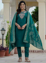 Thumbnail for Prazu Fashion Rama Green Roman Silk Embroidered Sequence Designer Kurta Set