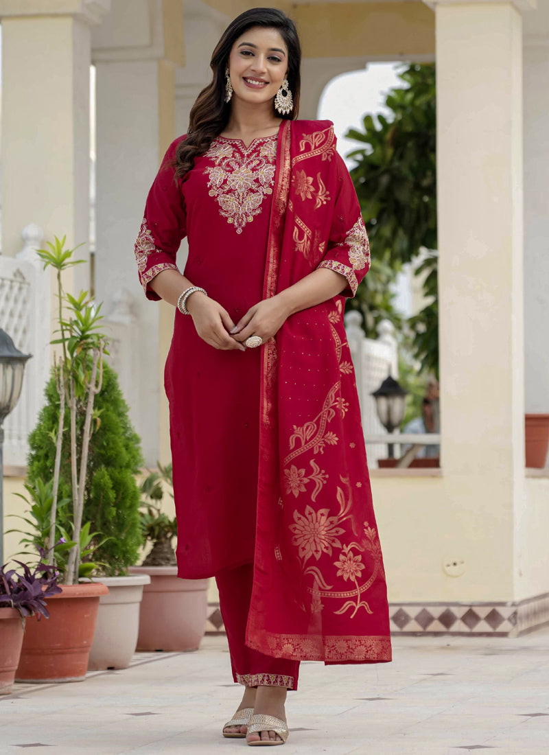 Prazu Fashion Red Roman Silk Embroidered Sequence Designer Kurta Set