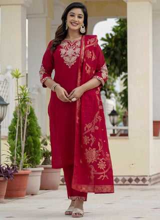 Prazu Fashion Red Roman Silk Embroidered Sequence Designer Kurta Set